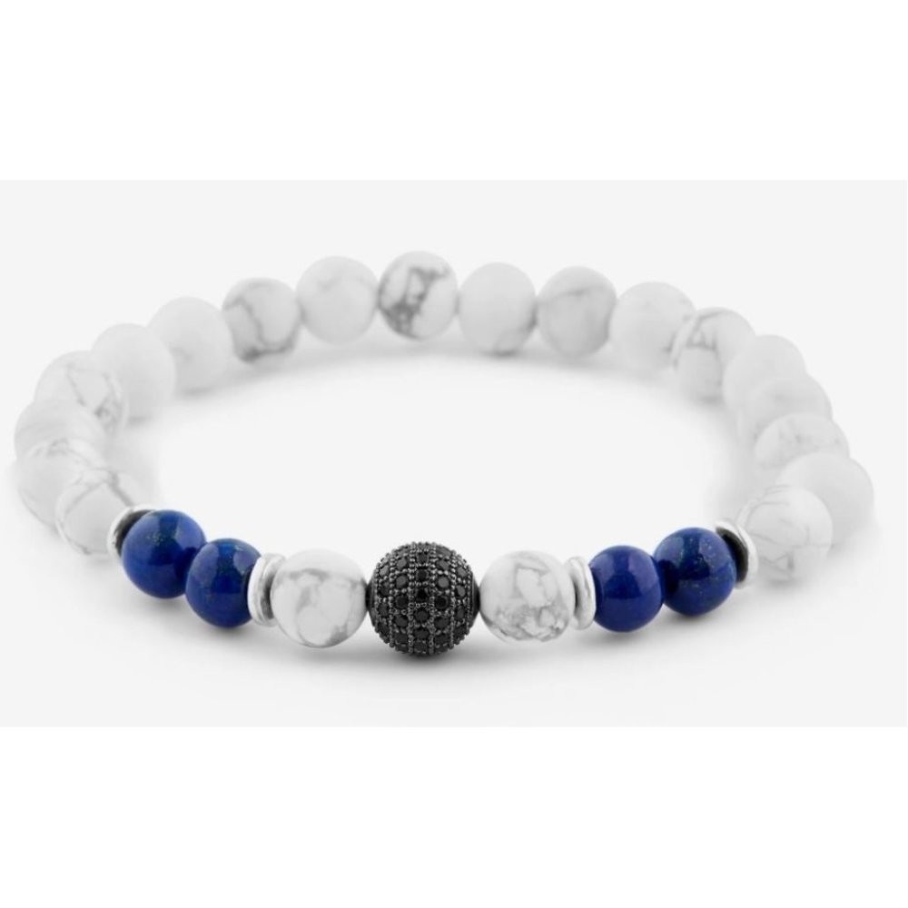 10mm White Turquoise, Blue Lapis Lazuli & Black Zirconia Stretch Bracelet
